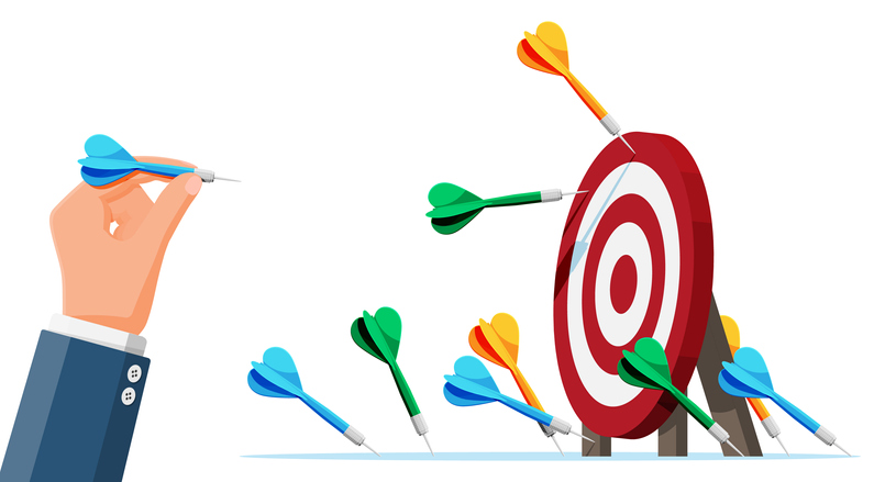 Many darts missed target mark. Multiple failed inaccurate attempts arrows to hit target. Business challenge failure, shot miss, failed achievement or goal. Flat vector illustration